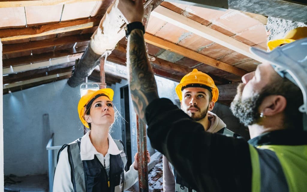 New construction professional reviewing framing in the field