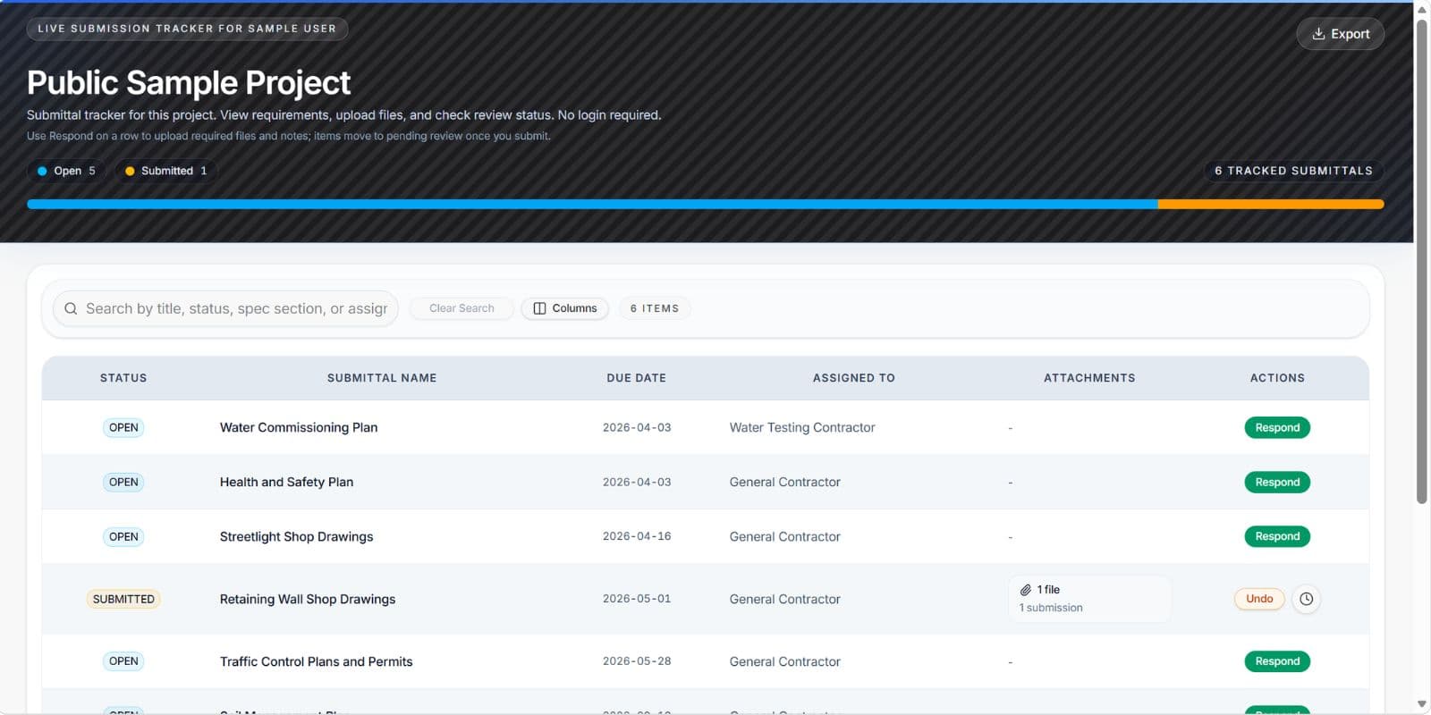 Submittal Tracker shared dashboard preview